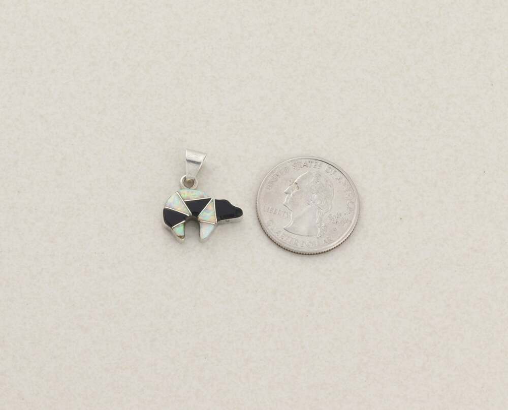 Sterling Silver Black Onyx & Opal Bear Pendant 7/8" x 3/4" inch Cecil Sanders - Picture 4 of 5